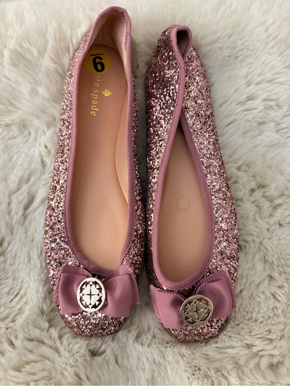 kate spade Pink Glitter Bow Ballet Flats with Logo Medallion